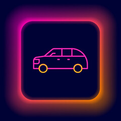 Glowing neon line Hatchback car icon isolated on black background. Colorful outline concept. Vector
