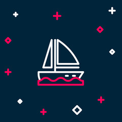 Line Yacht sailboat or sailing ship icon isolated on blue background. Sail boat marine cruise travel. Colorful outline concept. Vector