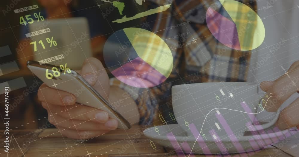 Poster Animation of statistics and data processing over man using smartphone