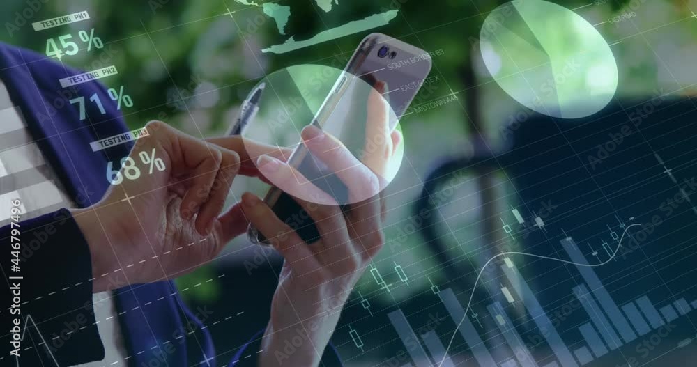 Poster animation of statistics and data processing over businesswoman using smartphone