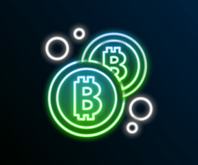 Glowing neon line Cryptocurrency coin Bitcoin icon isolated on black background. Physical bit coin. Blockchain based secure crypto currency. Colorful outline concept. Vector