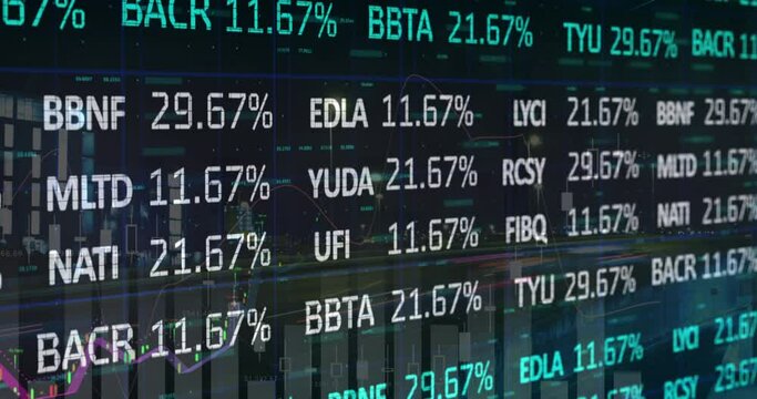 Animation of stock market and financial data processing over black background