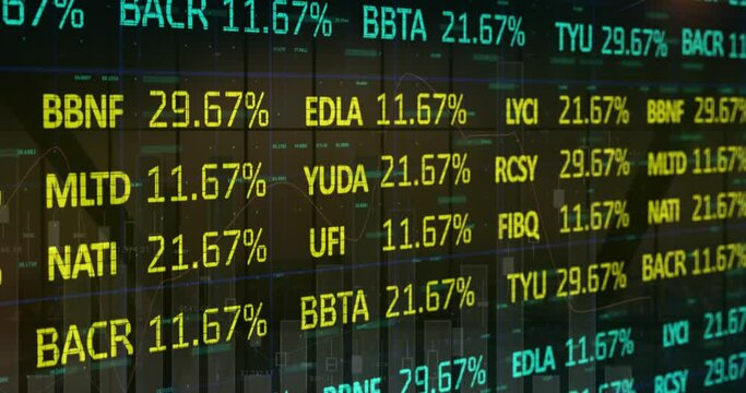 Animation of stock market and financial data processing over black background
