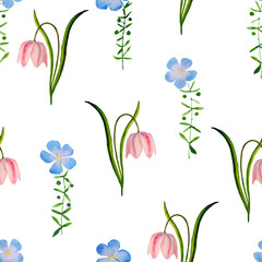 Simple seamless pattern of pink and blue flowers on a white background.