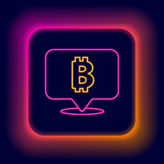 Glowing neon line Cryptocurrency coin Bitcoin icon isolated on black background. Physical bit coin. Blockchain based secure crypto currency. Colorful outline concept. Vector