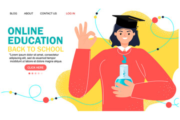 Online education modern flat design. Online school concept. Remote education. Landing page template. For your design.