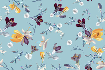 Fototapeta na wymiar Floral vector fashion pattern with crocus flowers