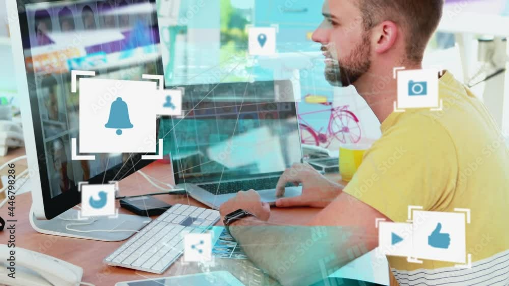 Poster animation of network of connections with icons over man using computer in office