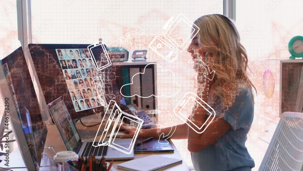 Poster animation of network of digital icons over businesswoman using computer and smartphone in office