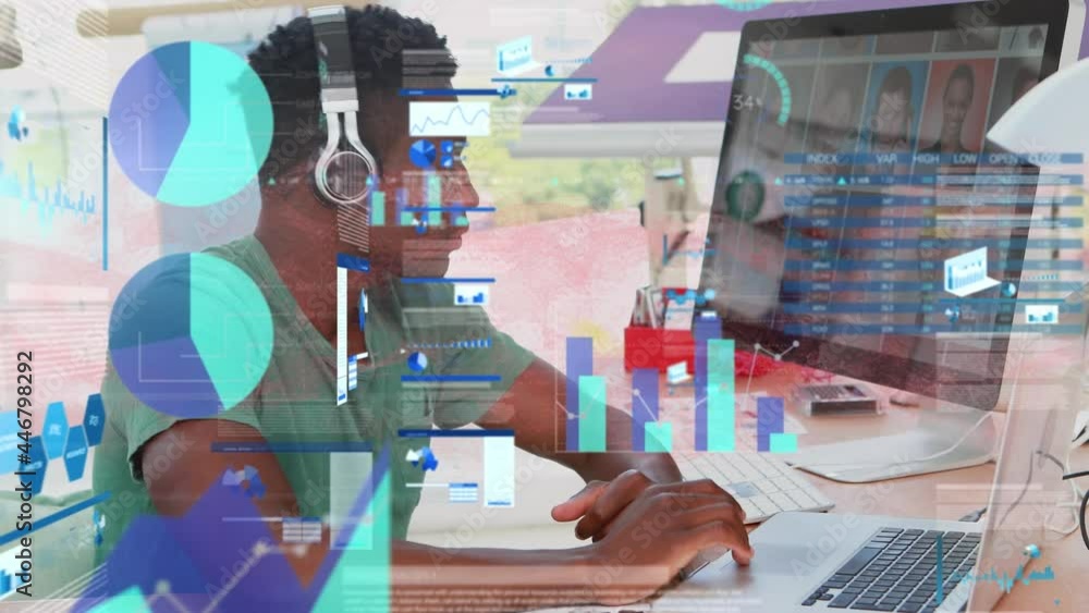 Aufkleber animation of statistics and financial data processing over businessman using computer in office