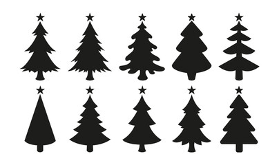 Christmas tree icons isolated on white background. Black vector silhouettes of christmas trees with a stars at the top.