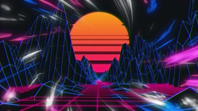 Animation of blue landscape and pink grid, over setting sun and moving lights on black