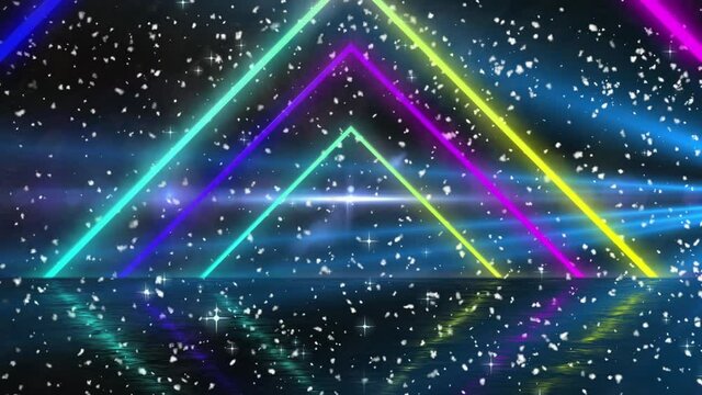 Animation of neon triangles over snow on black background