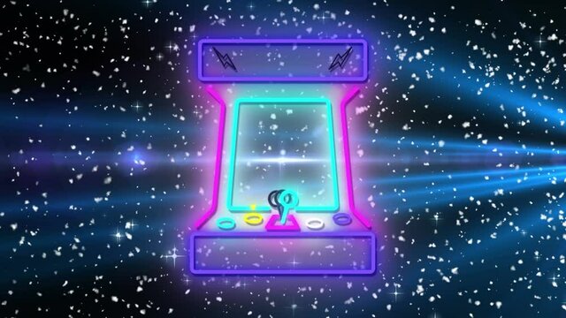 Animation of neon arcade machine over snow and stars on black background