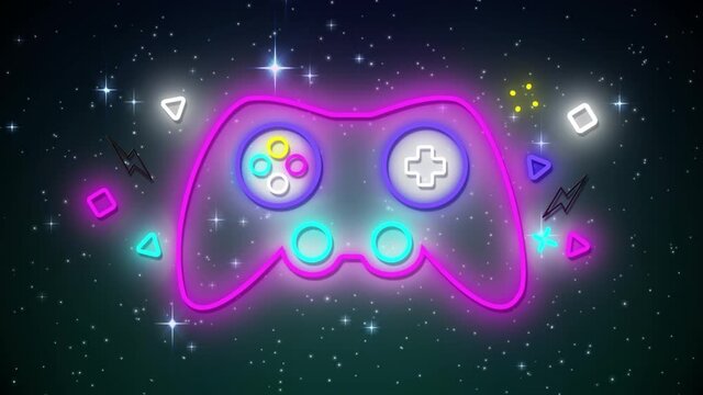 Animation of neon gamepad over snow and stars on black background
