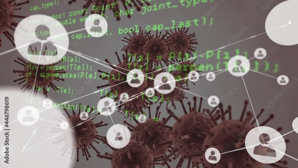 Poster animation of network of connections and data processing over covid cells on white background