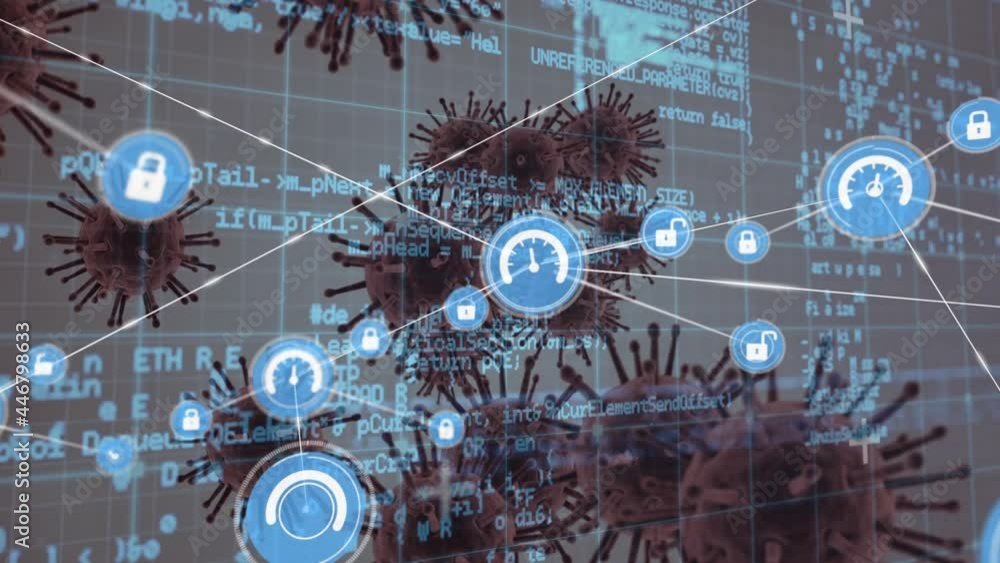 Poster animation of network of connections and data processing over covid cells on white background