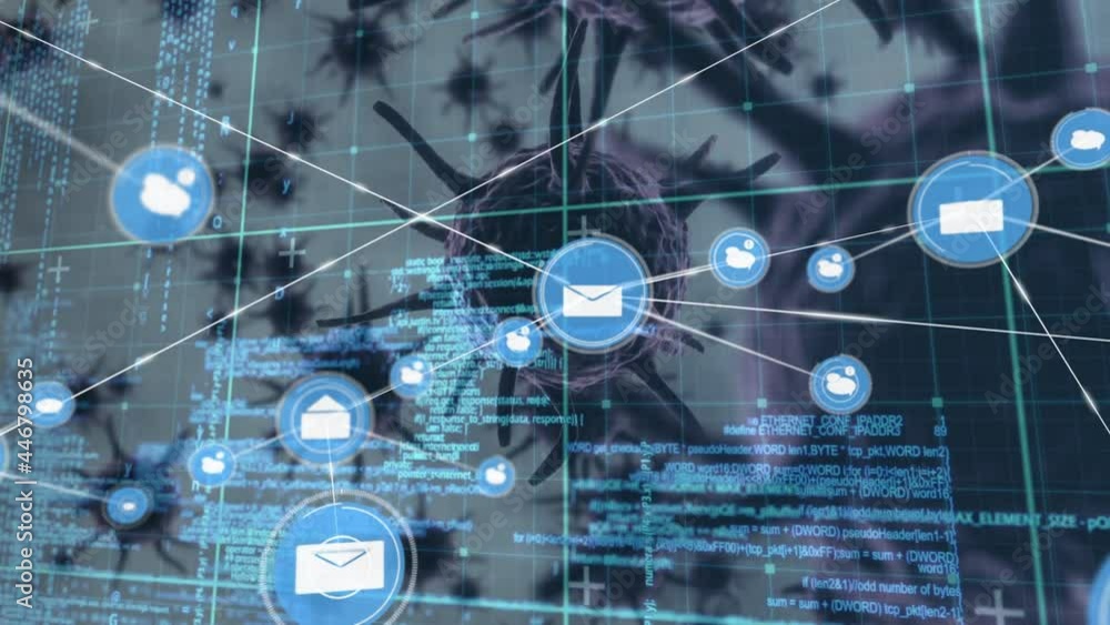 Poster animation of network of connections and data processing over covid cells on white background