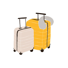 Set of suitcases. Luggare bags and a pillow pad. Trawel accesory. Flight baggage. Abstract feminine vector illustrations. Summer trendy simple icons. Instagram post, business advertisement, design.