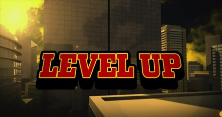 Animation of level up text over digital cityscape - Powered by Adobe