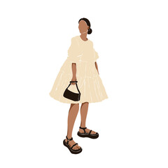 Fashionable young woman. Girl wearing a dress, sandals and handbag. Instagram model. Abstract feminine vector illustrations. Summer trendy simple icons. Instagram post, business advertisement, design.