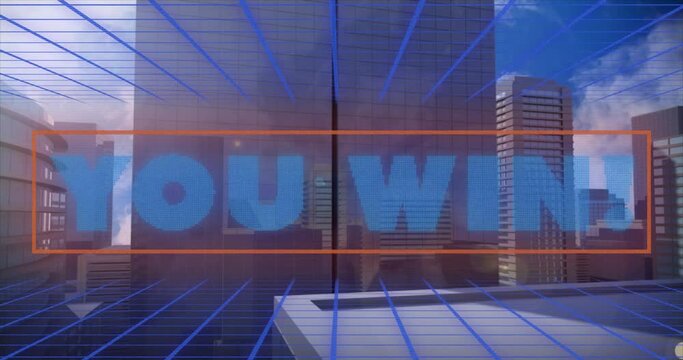 Animation of you win text over digital cityscape