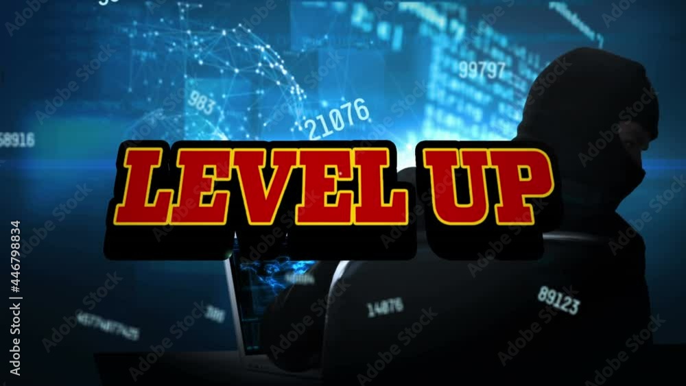 Poster animation of level up text and data processing over hacker using computer