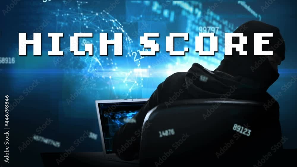 Poster animation of high score text and data processing over hacker using computer