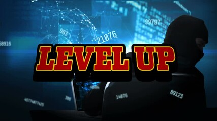 Animation of level up text and data processing over hacker using computer