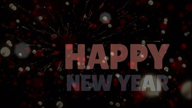 Animation of happy new year text over fireworks exploding