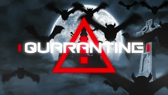 Animation of quarantine covid 19 text over bats and moon