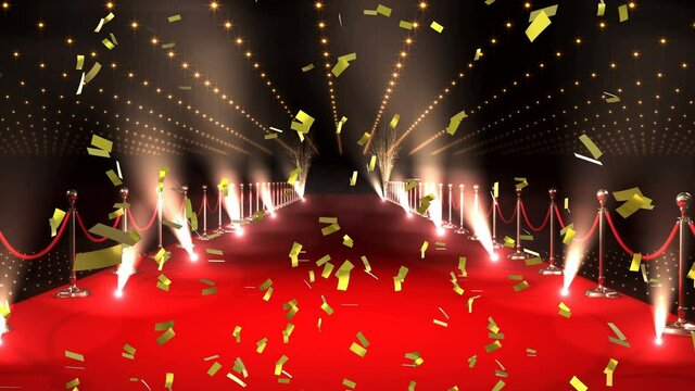 Animation of confetti falling over spotlights and red carpet venue