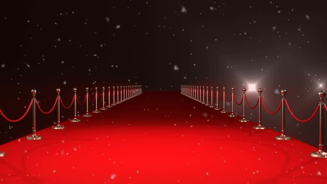 Animation of snow falling over camera flashes and red carpet venue