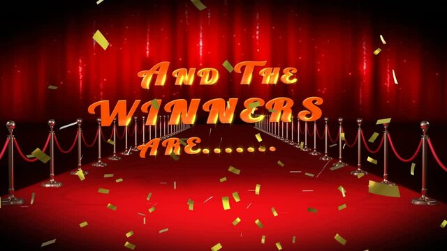 Animation of confetti falling over and the winners are text over red carpet venue