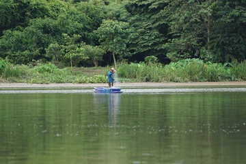 Lonely man stands on the boat and collects the fish from the net with forest in background.