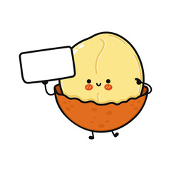Cute funny macadamia with poster. Vector hand drawn cartoon kawaii character illustration icon. Isolated on white background. Macadamia think concept
