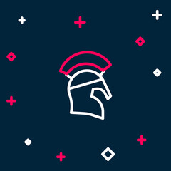 Line Greek helmet icon isolated on blue background. Antiques helmet for head protection soldiers with a crest of feathers or horsehair. Colorful outline concept. Vector