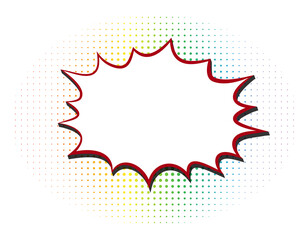 comic splash speech bubble with copy space on rainbow colored halftone grid, vector illustration