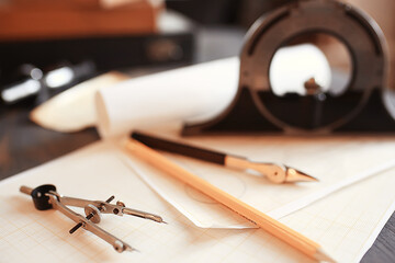 drawing tools, concept engineering project vintage / compass pencil paper education drafting