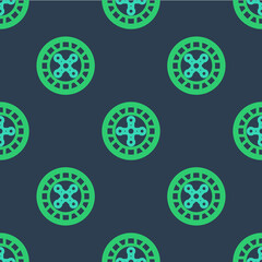 Line Casino roulette wheel icon isolated seamless pattern on blue background. Vector