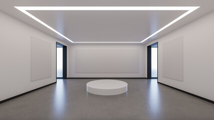 Front view on blank white wall screen in modern empty hall room with concrete floor and led lights on top, mockup, 3d rendering