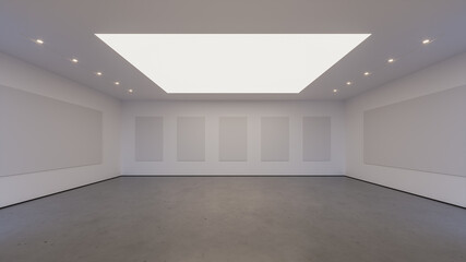 Front view on blank white wall screen in modern empty hall room with concrete floor and led lights on top, mockup, 3d rendering