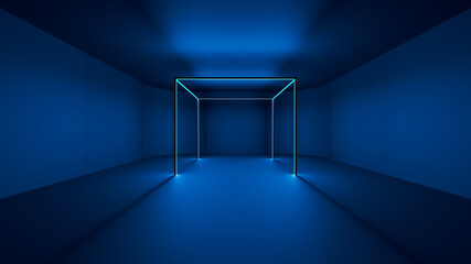 Front view on blank black wall in modern empty hall room with led lights decoration, mockup, 3d rendering