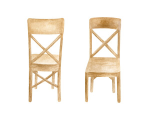 Watercolor wood chairs set. Hand drawn brown furniture with wooden texture isolated on white background. Front and back view. Sketch for home interior, restaurant design, wedding decor.