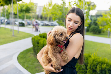 Young girl and her pet, little golden poodle dog strolling in public park, outdoors. Summer time. Sincere emotions. leisure activities concept