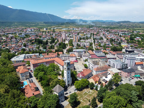 Aerial drone view Bihac, Bosnia and Herzegovina. Buildings, streets and residential houses. Bihać is a town and municipality in western BiH.