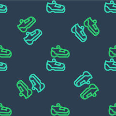 Line Fitness sneakers shoes for training, running icon isolated seamless pattern on blue background. Sport shoes. Vector