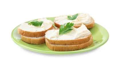Bread with cream cheese and parsley on white background