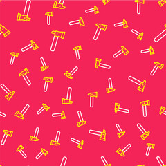 Line Firefighter axe icon isolated seamless pattern on red background. Fire axe. Vector