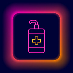 Glowing neon line Hand sanitizer bottle icon isolated on black background. Disinfection concept. Washing gel. Alcohol bottle for hygiene. Colorful outline concept. Vector